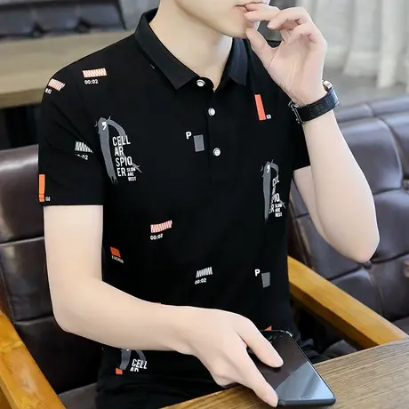 夏季男短袖t恤2023新款翻领polo衫韩版潮流男装修身半袖印花体恤商品大图