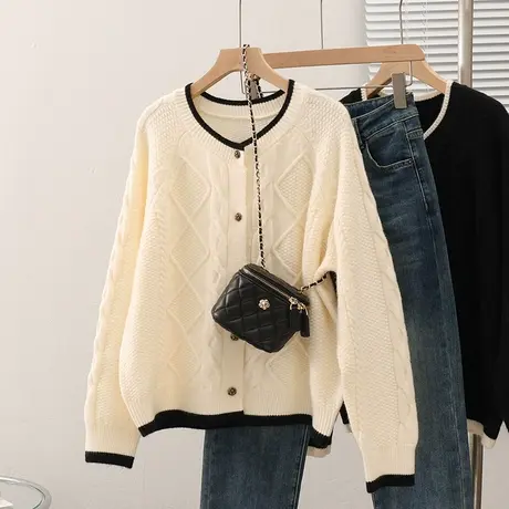 2023秋装新款韩版宽松圆领长袖针织衫女士百搭纯色开衫外套毛衣女商品大图