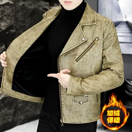 冬季加绒加厚皮衣男士潮牌防寒翻领短款帅气个性机车服皮夹克外套图片