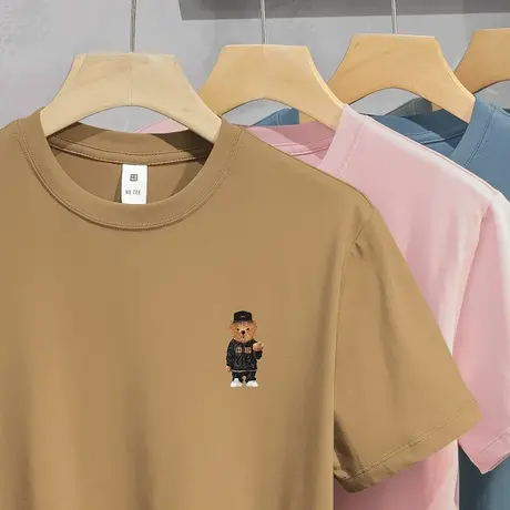 重磅纯棉t恤男士短袖中国潮流小熊夏装上衣服液氨长绒棉半袖体恤商品大图