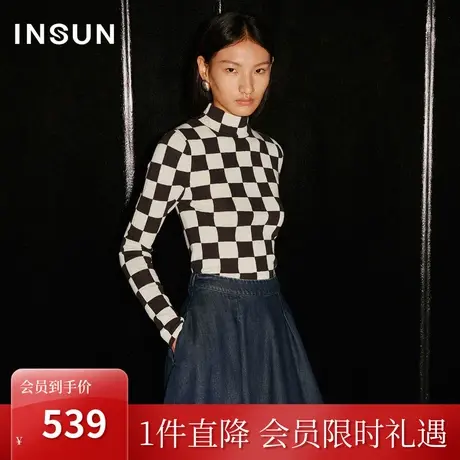 恩裳COVER2023秋装新款小高领棋盘格色块拼接工艺羊毛修身针织衫商品大图