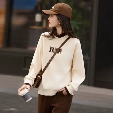 时尚休闲卫衣2023年季新款半高领假两件百搭加绒宽松显龄套头上衣图片