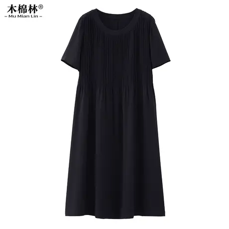 大码女装圆领连衣裙胖MM2024夏季通勤宽松遮肚显瘦简约通勤款裙子图片