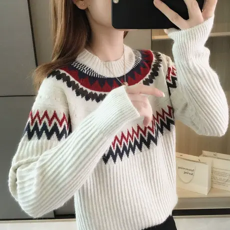 圆领套头毛衣新款秋冬爆款洋气打底衫女装复古日系上衣针织衫慵懒图片