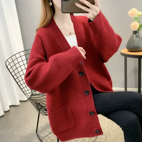 毛衣外套女2024年秋冬新款外搭韩版宽松洋气百搭V领针织开衫女潮商品大图