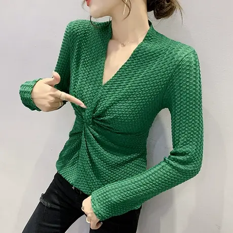 性感V领蕾丝上衣货欧设计感2024新款t恤内搭气质打底衫女春秋洋气商品大图