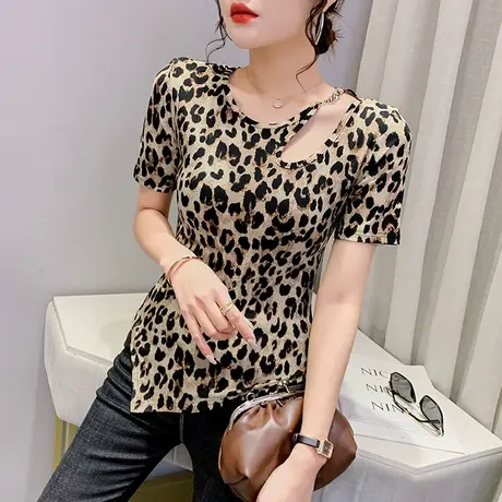 性感镂空豹纹短袖T恤女不规则设计感小众上衣高腰辣妹半袖小衫夏图片
