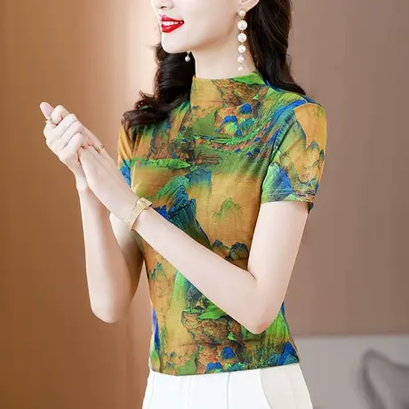 2024夏季新款复古印花短袖T恤女妈妈装气质网纱上衣修身立领小衫图片