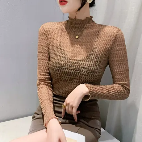 半高领蕾丝衫女内搭长袖秋装欧货时尚性感镂空透视上衣修身打底衫商品大图