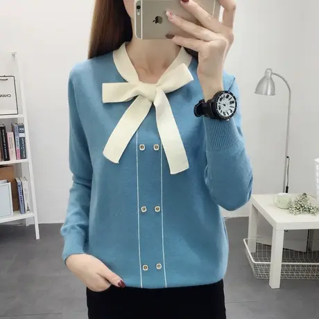 打底衫女春秋款2022年新款蝴蝶结领外穿毛衣宽松长袖针织上衣女装图片