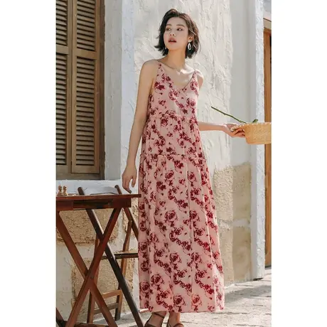 弥古法式玫瑰吊带连衣裙女夏高级感水墨画度假裙子海边长裙沙滩裙图片