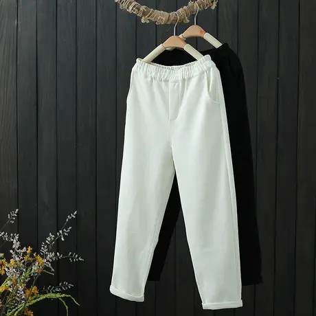 2022春季新款松紧腰宽松白色休闲裤女显瘦直筒哈伦裤春秋季长裤子图片