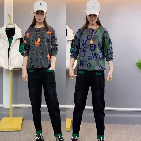 字母印花宽松卫衣+贴布牛仔裤两件套休闲花色上衣老爹裤套装大码商品大图