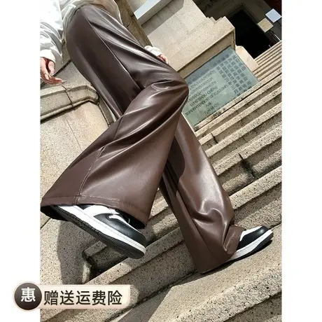 2023秋冬新款抽绳PU超火直筒皮裤女高腰显瘦慵懒风山本长阔腿裤图片