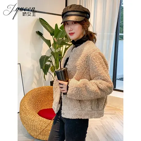 羊羔毛外套女短款小个子圆领秋冬新款保暖毛茸茸仿皮毛一体外套厚商品大图