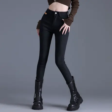 黑色紧身加绒牛仔裤2023年女秋冬季新款高腰显瘦小脚铅笔裤子加厚图片