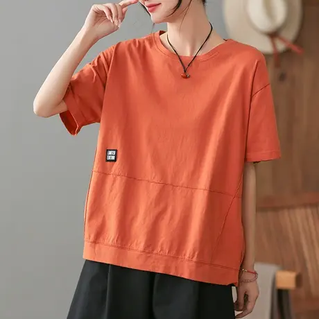 dza文艺复古纯棉短袖T恤女2023夏季拼接圆领体恤宽松显瘦打底上衣商品大图