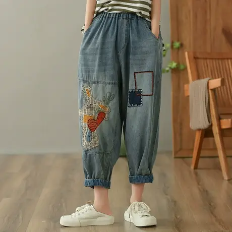 dza 高腰显瘦刺绣牛仔裤女2023夏九分直筒裤休闲裤宽松百搭哈伦裤图片