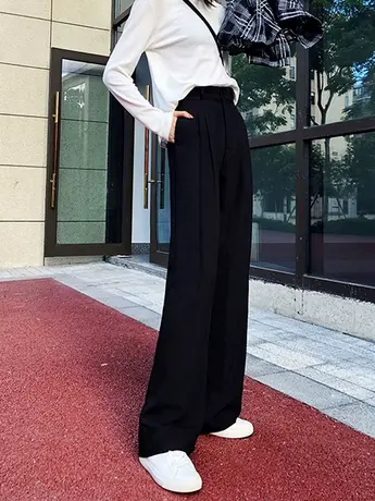 阔腿裤女2025新款春秋高腰垂坠感休闲韩版宽松直筒黑色西装拖地裤图片