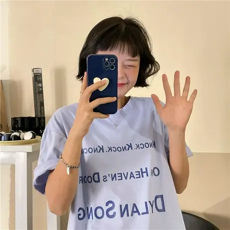 红续原创简约字母纯棉短袖t恤女减龄少女学院风半袖2023年夏新款图片