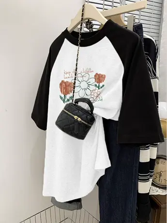 仿棉短袖t恤女2023夏季新款小众设计感撞色插肩袖宽松显瘦上衣服图片