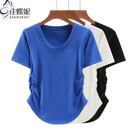 夏季新款韩版圆领修身纯棉克莱因蓝褶皱短袖体恤上衣内搭女打底衫图片