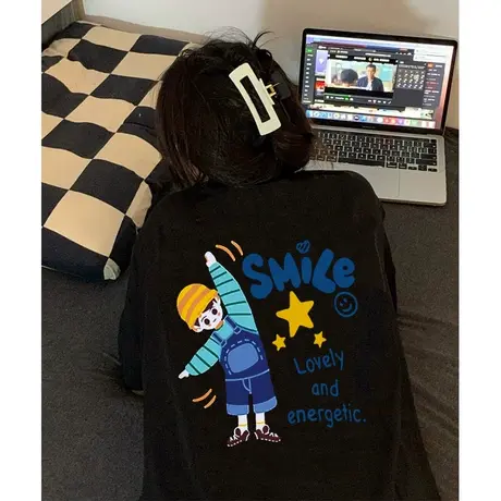 大码美式复古纯棉短袖t恤女oversize夏季新款设计感小众上衣ins潮商品大图