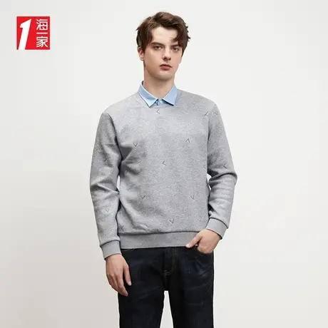 海一家简约花纹套头衫加绒保暖舒适休闲双领针织衫商品大图
