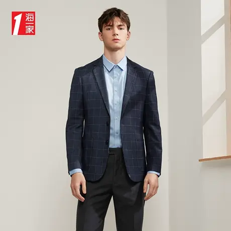 海一家时尚格纹外套2023秋季新款平驳领修身简约商务休闲西服男商品大图