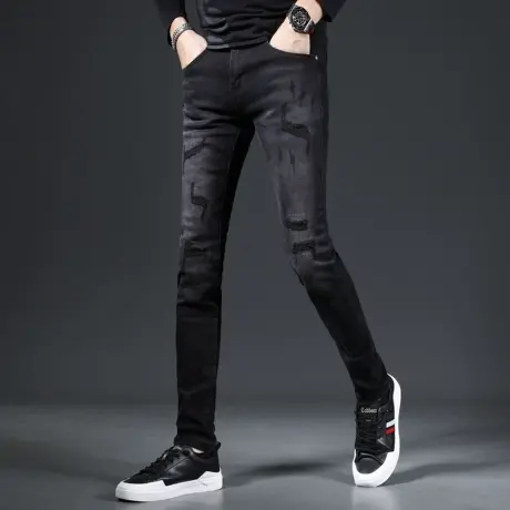 黑色高街牛仔裤男款修身小脚裤秋季2023新款时尚潮流男士裤子痞帅商品大图