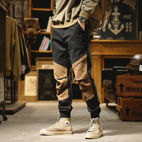 冬季工装裤男新款束脚哈伦裤2021冬季帅气百搭拼接束脚休闲裤子男图片