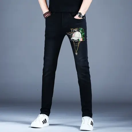 男士秋冬季时尚烫钻潮牌牛仔裤男款修身小脚裤子2023休闲弹力百搭商品大图