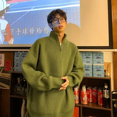 绿色时髦拉链立领外套男春秋宽松痞帅高级感套头针织衫慵懒风毛衣商品大图