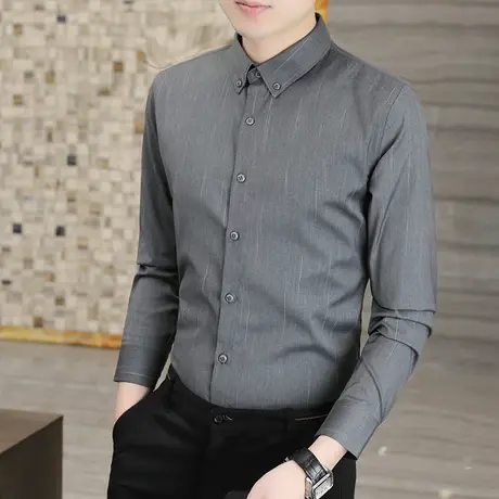 秋季新款免烫条纹衬衫男长袖修身韩版潮流痞帅高级感休闲男士衬衣图片