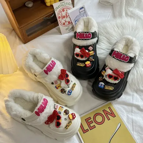 厚底增高冬天加绒保暖洞洞鞋女外穿2023年新款可爱包头毛毛棉拖鞋商品大图