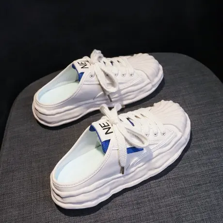 贝壳头帆布包头半拖鞋女夏外穿2023年新款小香风厚底拖鞋网红凉拖商品大图