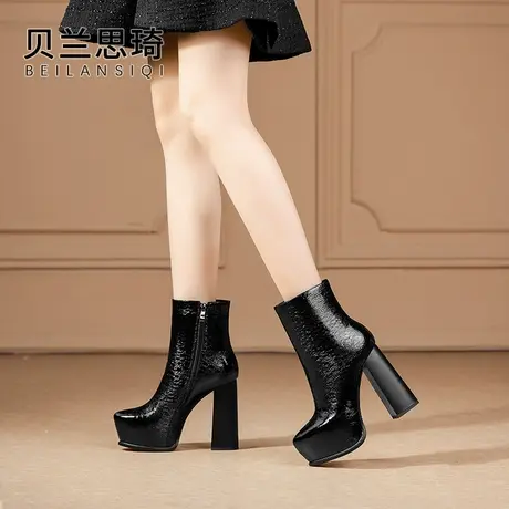 真皮尖头厚底超高跟短靴女2023秋冬季新款防水台粗跟时装马丁靴子图片