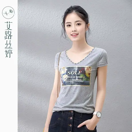 艾路丝婷2023夏装新款女装上衣V领印花体恤休闲简约短袖棉T恤3611图片