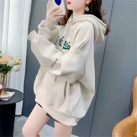 杏色连帽卫衣女小个子奥利绒秋冬2022年新款复古oversize上衣外套图片