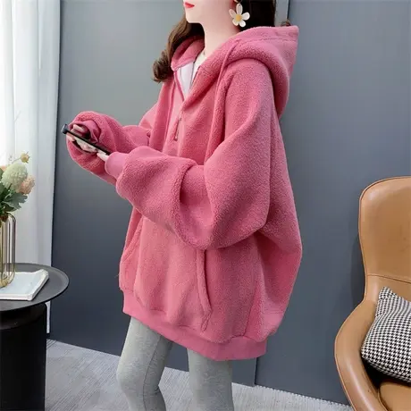 慵懒风加绒加厚半拉链羊羔毛外套女2023年新款秋冬宽松设计感上衣商品大图