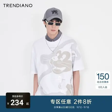 TRENDIANO官方潮牌男装上衣时尚简约刺绣卡通印花圆领短袖宽松t恤商品大图