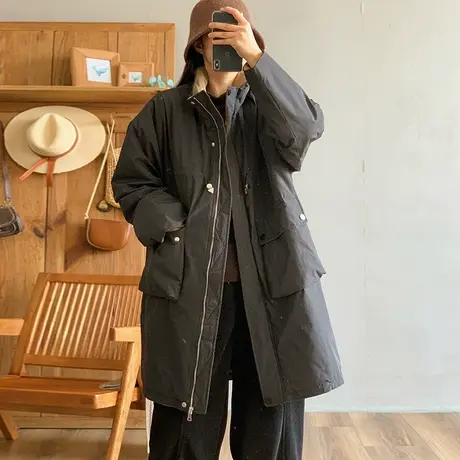 dza 复古中长款加厚棉衣外套女冬立领大口袋保暖棉服上衣宽松棉袄商品大图