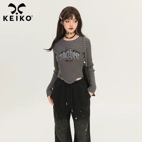 KEIKO 美式字母印花短款针织上衣女2024早春辣妹修身显瘦打底衫商品大图