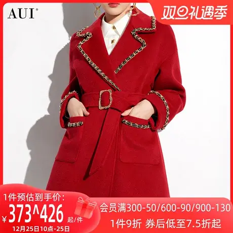 AUI红色御姐气质中长款毛呢外套女2023冬新款欧洲小个子呢子大衣商品大图