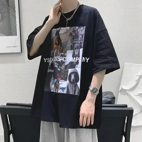 夏季高街短袖t恤男纯棉宽松圆领潮流体恤港风小狗印花百搭上衣服商品大图
