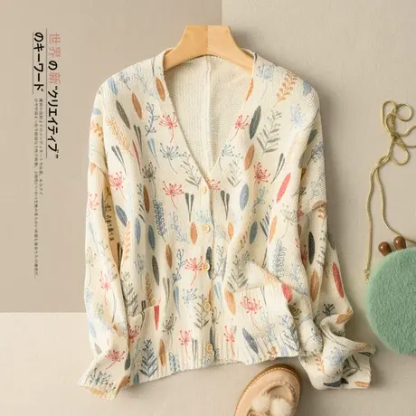 针织开衫春秋外搭全棉日系外套早秋印花宽松文艺复古上衣2022新款图片