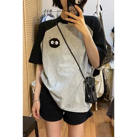 拼接撞色半袖T恤女2024新款早春夏装宽松大码韩版纯棉短袖上衣潮商品大图
