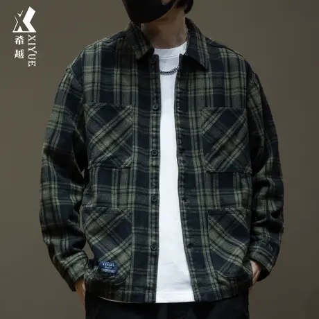 希越纯棉格子衬衫男2024春季新款休闲复古宽松大码男士衬衣潮外套商品大图