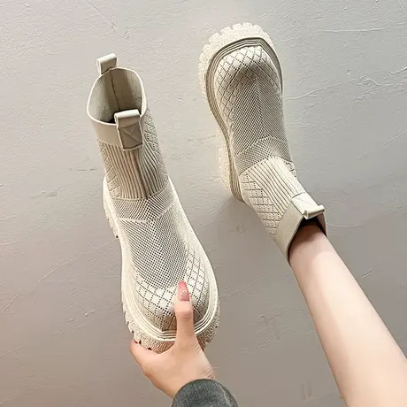 针织小短靴女百搭透气厚底粗跟弹力瘦瘦靴新款简约休闲高帮烟筒靴图片