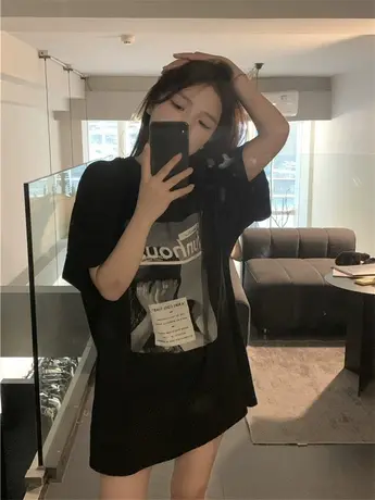 美式复古个性印花短袖t恤女夏宽松中长款ins潮牌黑色半袖休闲上衣商品大图